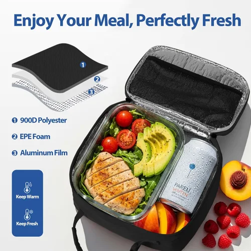 Miniatura 4 de Aosbos - Bolsa de almuerzo aislada para adultos - Elegante lonchera pequeña en sarga para trabajo, oficina - Bolsa de almuerzo suave y portátil