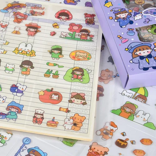 Miniatura 6 de Adhesivos de osos de dibujos animados kawaii lindos - 100 hojas, conejo transparente, suministros de PET para diario, calcomanías para calendario