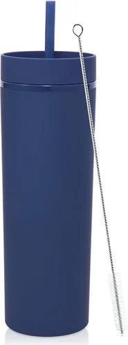 Miniatura 22 de Volhoply Paquete a granel de 4 vasos delgados de plástico de 20 onzas, vaso de doble pared con tapa y popote, taza reutilizable de viaje para café