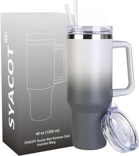 Miniatura 10 de SYACOT Vaso de 40 onzas con asa y pajita, vaso aislado de acero inoxidable, tapa a prueba de fugas y tapa con pajilla, taza de café de viaje
