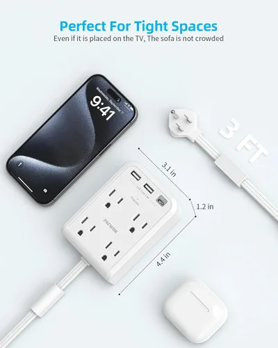 Miniatura 7 de Extensor de tomacorriente eléctrico plano, Blanco