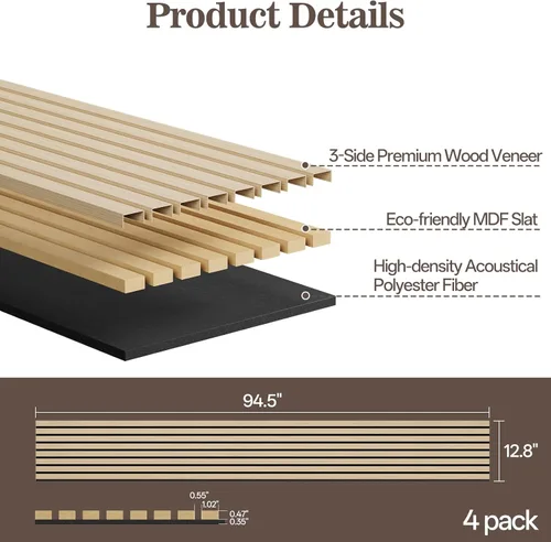 Miniatura 2 de Paquete de 4 paneles de madera para pared, 94.4 x 12.8 pulgadas, paneles de pared de listones de madera acústica para decoración de interiores
