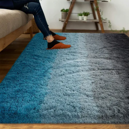 Miniatura 2 de DweIke Alfombras esponjosas de lujo para niños para sala de estar, dormitorio, 4 x 6 pies, alfombra de área negra y azul para niñas y niños, Azul