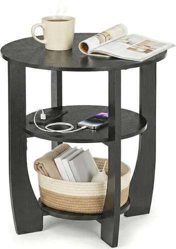 Miniatura 12 de Mesa auxiliar redonda, mesa auxiliar de 3 niveles con almacenamiento, mesa decorativa negra de 19.7 pulgadas, mesita de noche para dormitorio, sala