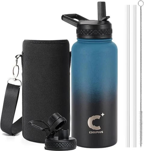 Miniatura 13 de Coolplus - Botella de agua de 32 onzas aislada, termo de agua de acero inoxidable con popote de metal de doble pared al vacío con funda de Negro