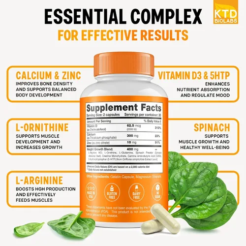 Miniatura 2 de Paquete de 2 cápsulas de apoyo al crecimiento de la altura para niños, fórmula de desarrollo diario con calcio, vitamina D3 y zinc, apoyo óseo