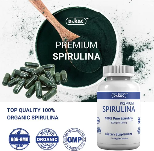 Miniatura 3 de Dr.K&C Suplemento orgánico de superalimento de espirulina – Microalgas verdes azules naturales puras 600 mg 120 cápsulas vegetales Salud Sistema