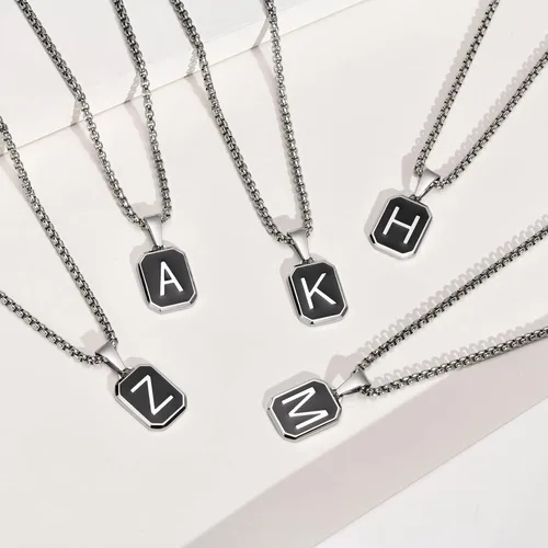 Miniatura 6 de Hisatan Collar con inicial para hombres y mujeres, collares con colgante de letra A-Z, color negro, plateado, cuadrado, capital, para hombre, acero