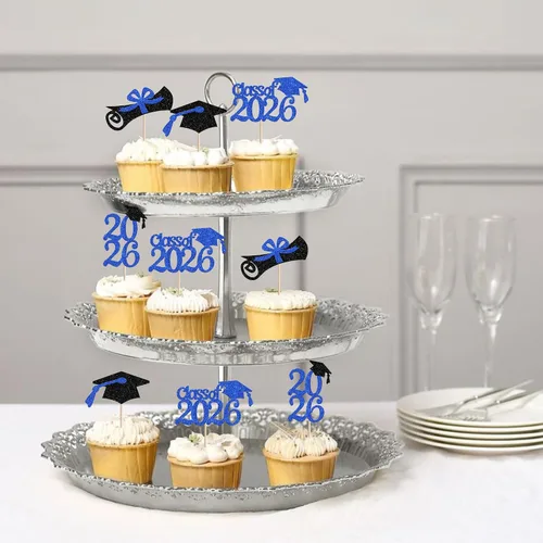 Miniatura 4 de Rsstarxi Paquete de 24 adornos para cupcakes de graduación 2026, con purpurina azul, para la clase de 2026, para diplomas, 24 piezas (6 diseños)