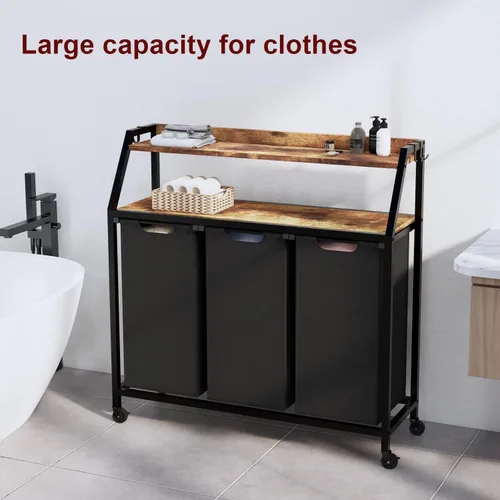 Miniatura 9 de Timberer Cesta de lavandería, clasificador de ropa de 3 secciones, cesta de lavandería rodante con ruedas, 2 estantes, 3 × 54.5 L, bolsas extraíbles