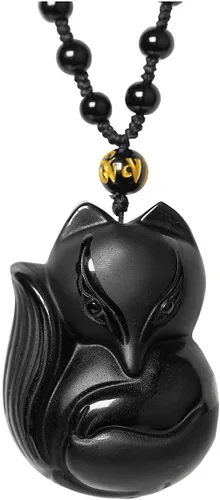 Miniatura 7 de Jovivi Paquete 2 artículos collar de zorro de cristal de fluorita natural + collar de zorro de obsidiana negra natural, collares de piedras