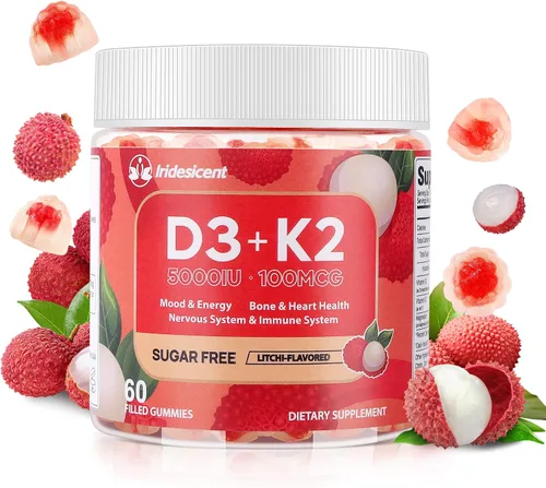 Gomitas de vitamina D3 K2 con magnesio sin azúcar, 60 unidades | Vitamina D3 5,000 UI + K2 (MK-7) 100 mcg - Suplemento de vitamina K2 D3 vegano,