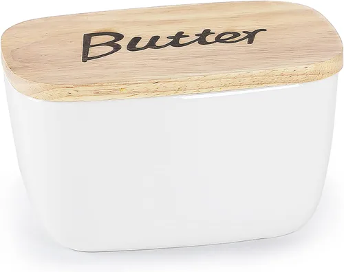 Miniatura 8 de GDCZ Mantequera de cerámica con tapa de madera, soporte grande para mantequilla cubierto para encimera, recipiente para mantequilla perfecto