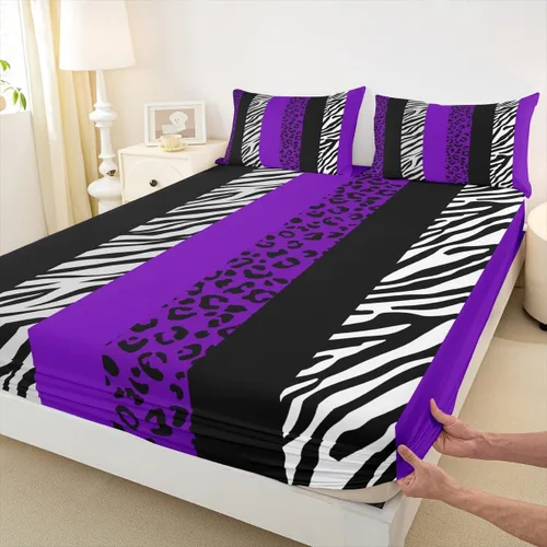 Miniatura 26 de Sábana bajera ajustable para niños, tamaño individual, diseño de cebra y leopardo con purpurina, decoración de habitación para niñas y mujeres, A1