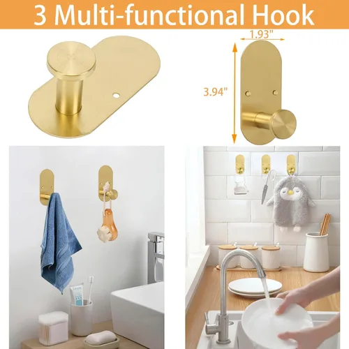 Miniatura 6 de TocTen Juego de 5 toallas para montar en la pared o autoadhesivas, juego de accesorios de baño de acero inoxidable que incluye toallero de 16 Oro