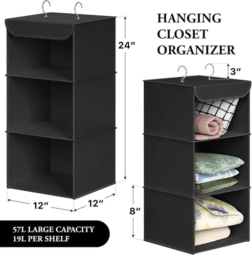 Miniatura 2 de Simple Houseware Organizador de armario colgante de 3 estantes, estantes de almacenamiento de tela con capacidad de 57 litros, color negro