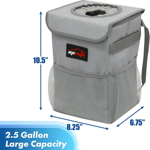 Miniatura 2 de EPAuto Bote de basura impermeable para automóvil con tapa y bolsillos de almacenamiento, 2.5 galones a prueba de fugas, color gris