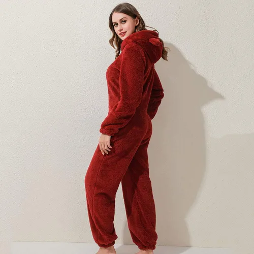 Miniatura 6 de Pijama de forro polar para mujer, mameluco cálido de sherpa, ropa de dormir de una pieza con cremallera y capucha