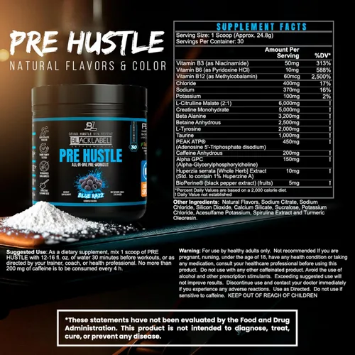 Miniatura 8 de BLACKLABEL Supplements PRE Hustle V3 Polvo de preentrenamiento – Certificado NSF para deporte – Energía, fuerza y resistencia – Blue Razz
