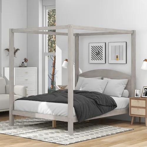 Miniatura 12 de Linique Cama de plataforma tamaño King con cabecera y patas de soporte, marco de cama King de madera con cuatro pósteres, no requiere somier, gris