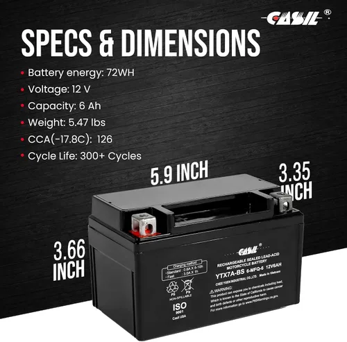 Miniatura 4 de Casil Ytx7a-bs Battery - Alto rendimiento ytx7a-bs 12v 6ah - sin mantenimiento - Batería sellada AGM para motocicleta compatible con Gas Gy6 Scooter