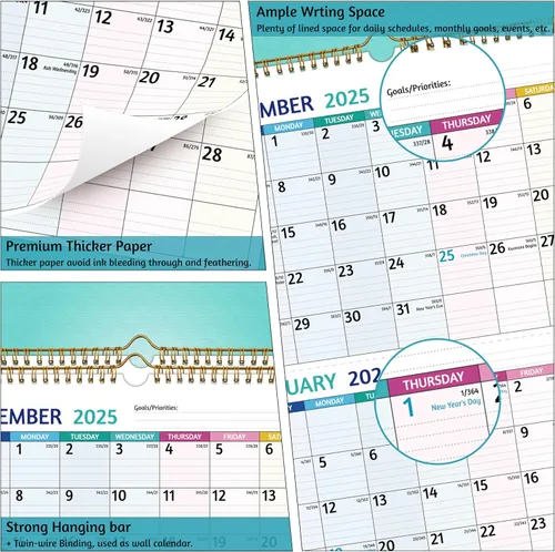 Miniatura 4 de Calendario de Pared 2026 - Calendario de 3 Meses 2026 Vertical, Enero 2026 - Diciembre 2026, Calendario de Pared de 3 Meses 2026, 11 x 26 Pulgadas