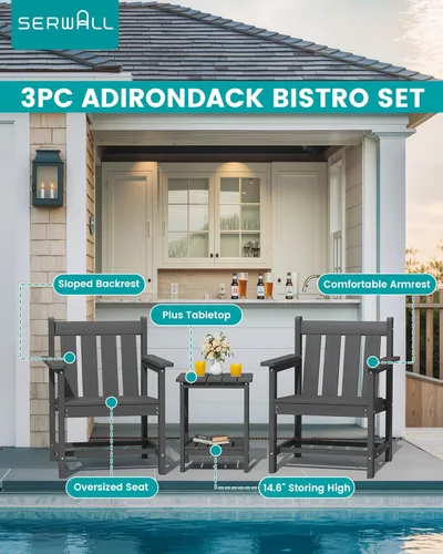 Miniatura 3 de SERWALL - Juego de muebles de patio de 3 piezas estilo bistró, juego de sillas Adirondack para todo clima con mesa auxiliar, juego de muebles de Gris