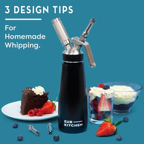 Miniatura 6 de EurKitchen Dispensador profesional de crema batida de acero inoxidable, recipiente para cremas batidas sin fugas, 3 boquillas decorativas y cepillo