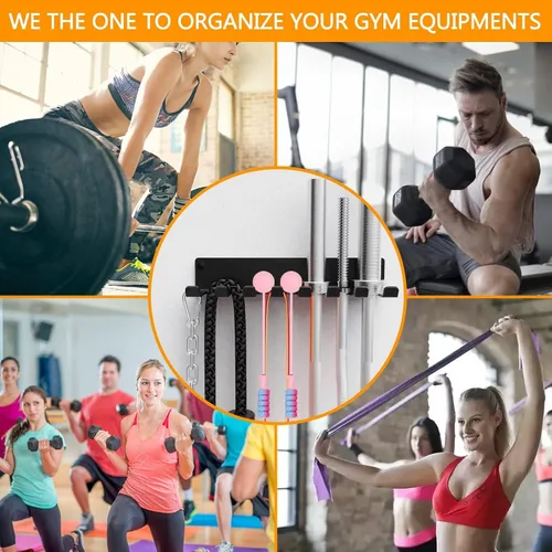 Miniatura 9 de Organizador de gimnasio, colgador de accesorios de gimnasio en casa, ganchos de montaje en pared para mancuernas olímpicas, asas de fila