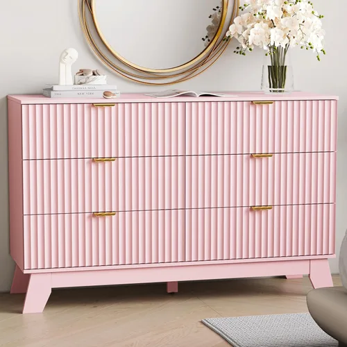 Miniatura 7 de HUANLEGO Cómoda de 6 cajones para dormitorio, cómodas estilizadas negras con cajones y tirador dorado, cómodas de madera modernas de mediados