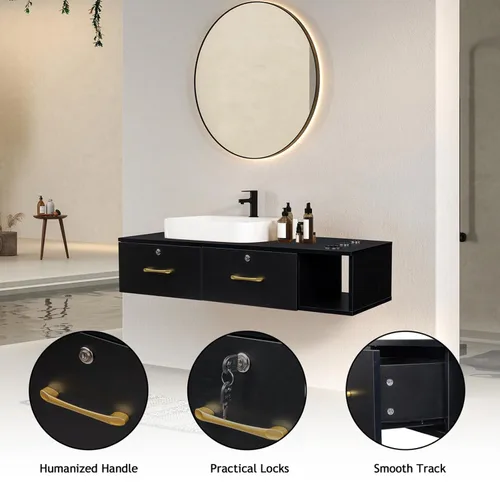 Miniatura 5 de Estación de peluquería de montaje en pared con 2 cajones de bloqueo y 3 agujeros, tocador de maquillaje flotante para peluquería de belleza, baño