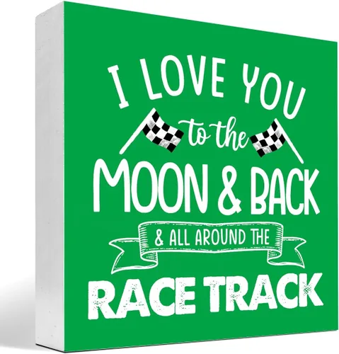 Miniatura 8 de Letrero de madera "I Love You To The Moon And Back And All Around The Race Track" para decoración de escritorio, letrero de caja con banderas a