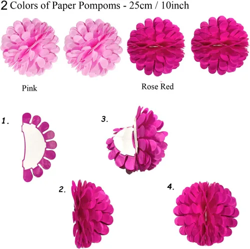 Miniatura 2 de ZERODECO Juego de abanicos de papel para colgar en fiestas, globos de confeti rosa, abanicos plegables decorativos, pompones de papel, banderas