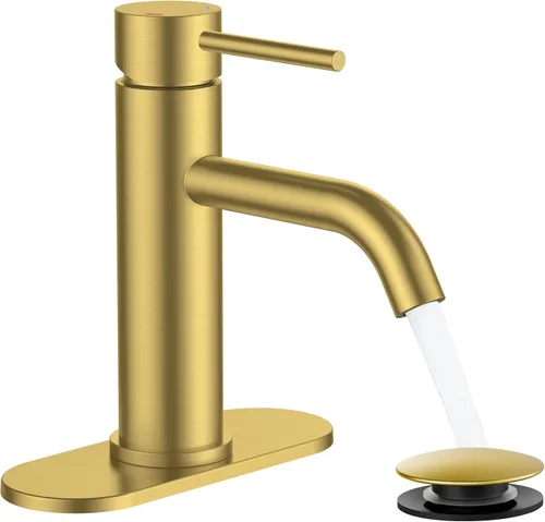 FORIOUS - Grifo de baño dorado de 1 agujero, grifo de lavabo de acero inoxidable con desagüe emergente de metal y manguera de suministro, adecuado
