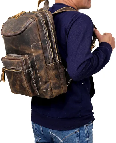 Miniatura 9 de Mochila de cuero vintage para hombre, bolsa para laptop de 16 pulgadas, gran capacidad, viajes de negocios, senderismo, mochila de hombro, mochila