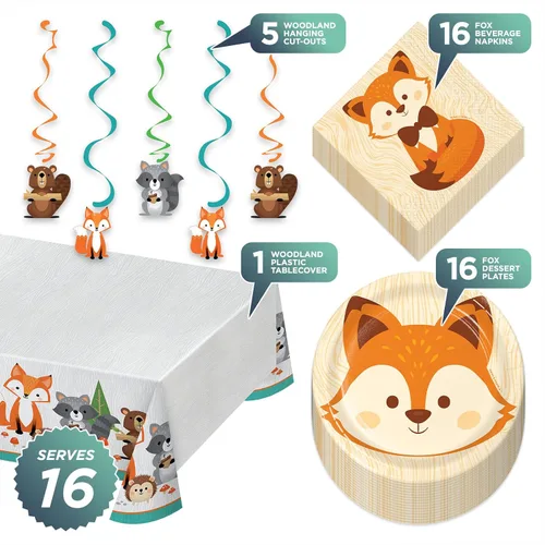 Miniatura 2 de Woodland Animal Fox Party Pack - Platos de postre de papel, servilletas para bebidas, recortes colgantes y juego de cubierta de mesa (sirve 16)