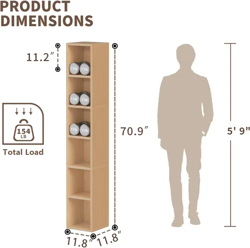 Miniatura 3 de ALISENED 70.8" 6 Tier Tall Narrow Bookshelf, 6 Shelf Wooden Corner Bookcase, Modern Skinny Cubes Storage Organizer Display Shelving for Bedroom