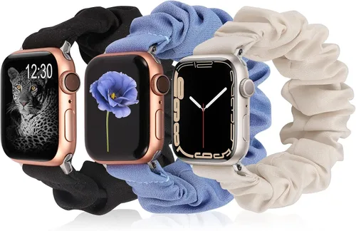 Miniatura 10 de TOYOUTHS - 3 paquetes compatibles con Apple Watch Band Scrunchies 1.496 in (38 mm) tela suave patrón impreso pulsera de tela para mujer iWatch