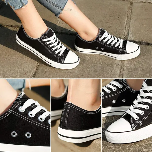Miniatura 3 de ZGR - Tenis bajos de lona con cordones para mujer estilo clásico casual color blanco y negro