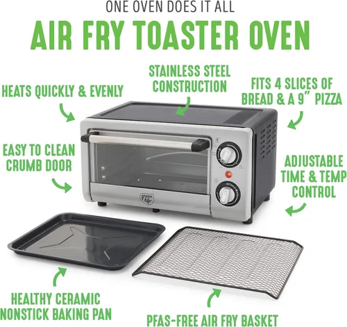 Miniatura 3 de GreenLife Horno tostador de sobremesa con freidora de aire de acero inoxidable, cerámica antiadherente saludable, libre de PFAS, bandeja y cesta