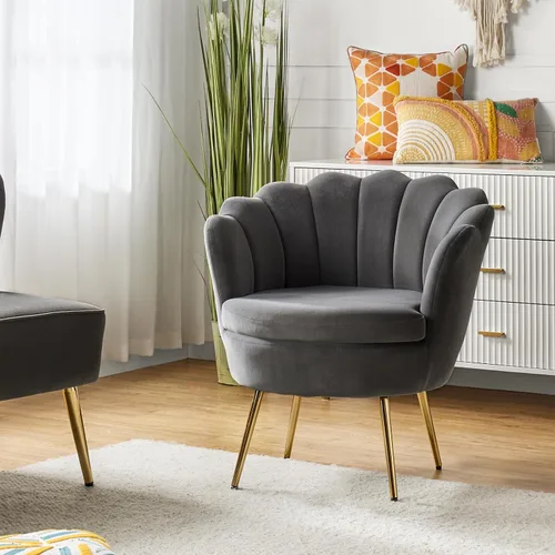 Miniatura 34 de HULALA HOME Silla decorativa moderna de terciopelo con respaldo en forma de concha, bonito sillón para sala de estar, dormitorio con patas doradas