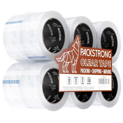Packstrong - Cinta de embalaje transparente de grado industrial 12 rollos - 110 yardas por rollo - 2" de ancho x 2 mil de grosor, cinta adhesiva