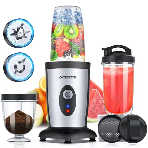 Acezoe Batidora de licuadora y batidos, licuadora portátil de 850 W, mezclador de un botón, 3D 6 hojas, 2 botellas personales de 17 onzas, cocina