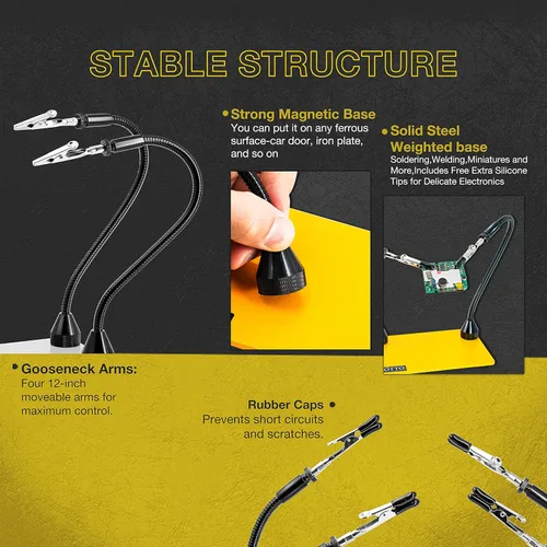Miniatura 2 de Fstop Labs Herramienta de soldadura de tercera mano, soporte para PCB, cuatro brazos metálicos flexibles con base magnética, manos que ayudan a