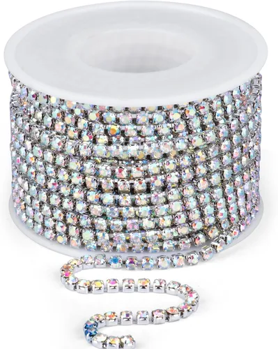 Miniatura 8 de [11 yardas] Cadena de diamantes de imitación de cristal, [10M/ 3.0MM] AB Rainbow Rhinestone Close Chain Trim Cadena de cristal Cadena de copa