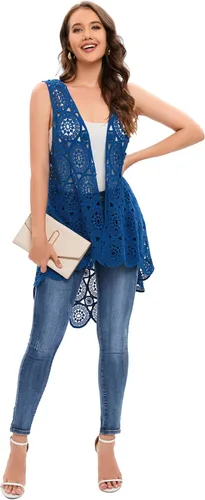 Miniatura 6 de Chaleco de encaje de ganchillo para mujer, estilo bohemio, sin mangas, kimono con dobladillo irregular
