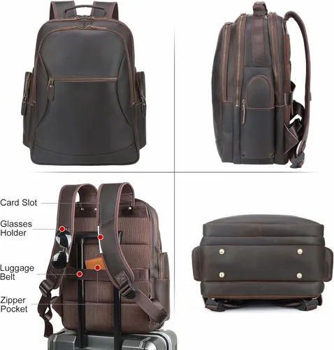 Miniatura 3 de TIDING Mochila para portátil de cuero de grano completo de 17.3 pulgadas para hombre, mochila de viaje de gran capacidad, para viajes, fin de Marrón