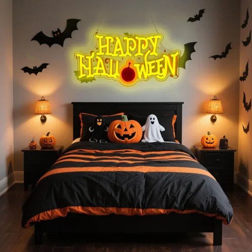 Miniatura 7 de Letrero de neón de feliz Halloween, letrero de bienvenida de LED para puerta delantera/recámara/hogar/patio, alimentado por USB, 16.5×8.6 pulgadas