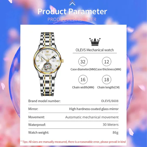 Miniatura 6 de OLEVS Reloj de mujer con esqueleto hueco y fase lunar de acero inoxidable, impermeable, dos tonos