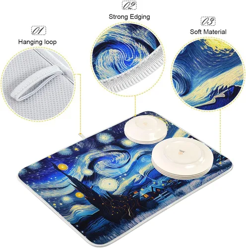 Miniatura 4 de Vnurnrn Tapete de secado nocturno de platos estilo Van Gogh para encimera de cocina, tapete escurridor de platos de microfibra, absorbente de secado